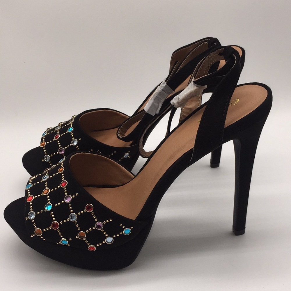 Qupid Ladies Platform Black Suede 5” Heels Pumps Open Toe Black Suede Size 10